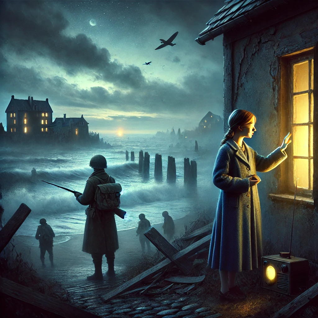 A dreamy, atmospheric scene inspired by 'All the Light We Cannot See' by Anthony Doerr. A war-torn coastal town under a moonlit sky, with the distant glow of bombed buildings on the horizon. In the foreground, a blind girl in a blue coat gently touches the walls of an old building, tracing the shapes with her fingers. Nearby, a young soldier stands hidden in the shadows, holding a small radio emitting a faint golden light. The sea stretches endlessly behind them, waves crashing softly against the shore. The air is thick with mystery, hope, and an unspoken connection between the two.
